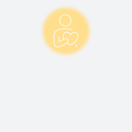 Outline of a person holding a heart, with a yellow circular background.