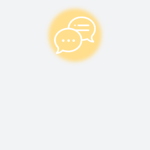 Icon of two speech bubbles, one with three dots and the other with lines, on a yellow background.