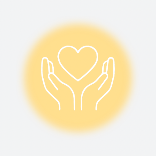 Illustration of two hands holding a heart, with a yellow glow background.