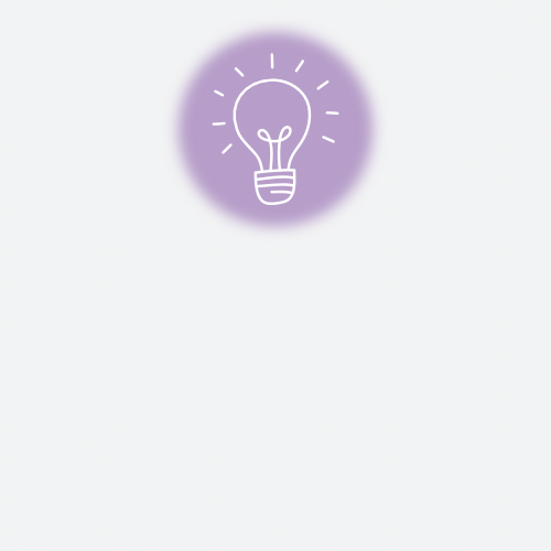 A simple line drawing of a light bulb icon surrounded by a purple glow.