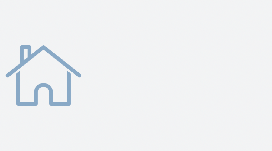 Simple line drawing of a house with a sloped roof and a chimney, in light blue on a light gray background.