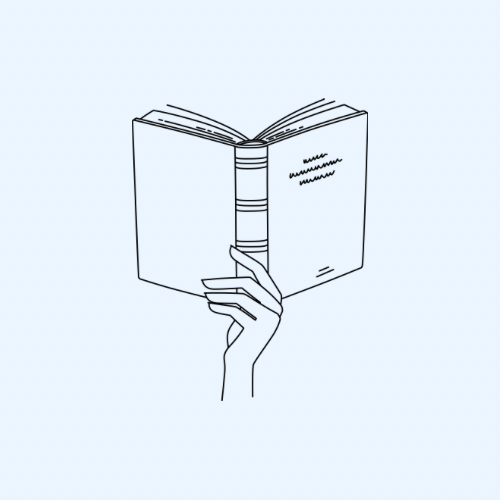 Line drawing of a hand holding an open book against a light background.