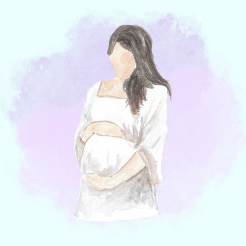 Illustration of a pregnant woman with long hair, wearing a white dress, cradling her belly against a soft purple background.