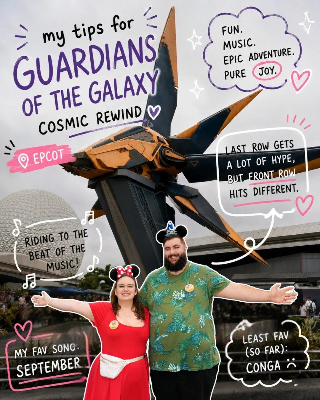 🚀✨ Guardians of the Galaxy: Cosmic Rewind has officially earned a permanent spot on my "must ride every trip" list.

I know everyone talks about row 9.. but I can't help it, I'm a front row girl. 🎢💜

And if I hear September come on? Inst
