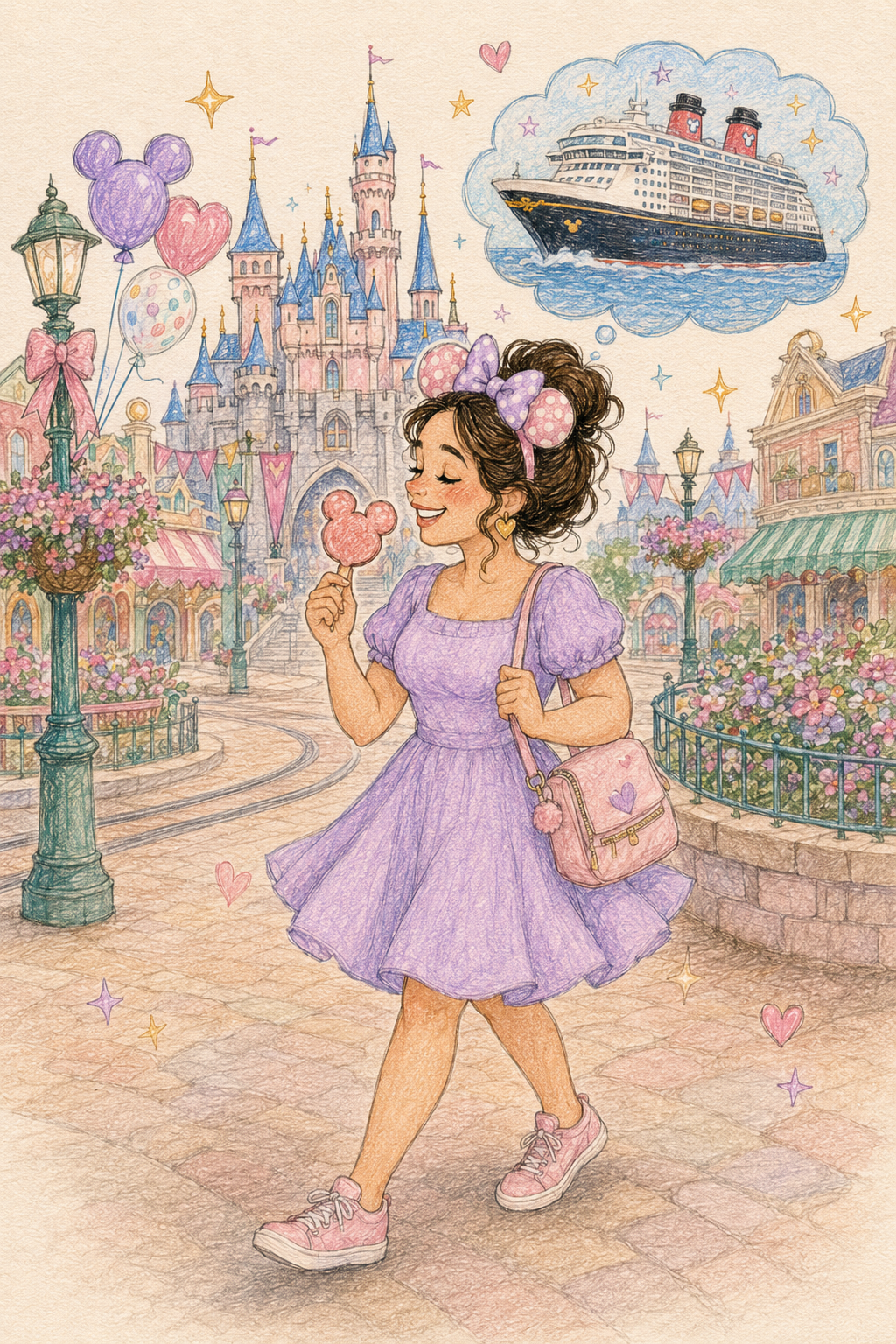 a cute pastel drawing of a woman at Disney dreaming about a Disney cruise