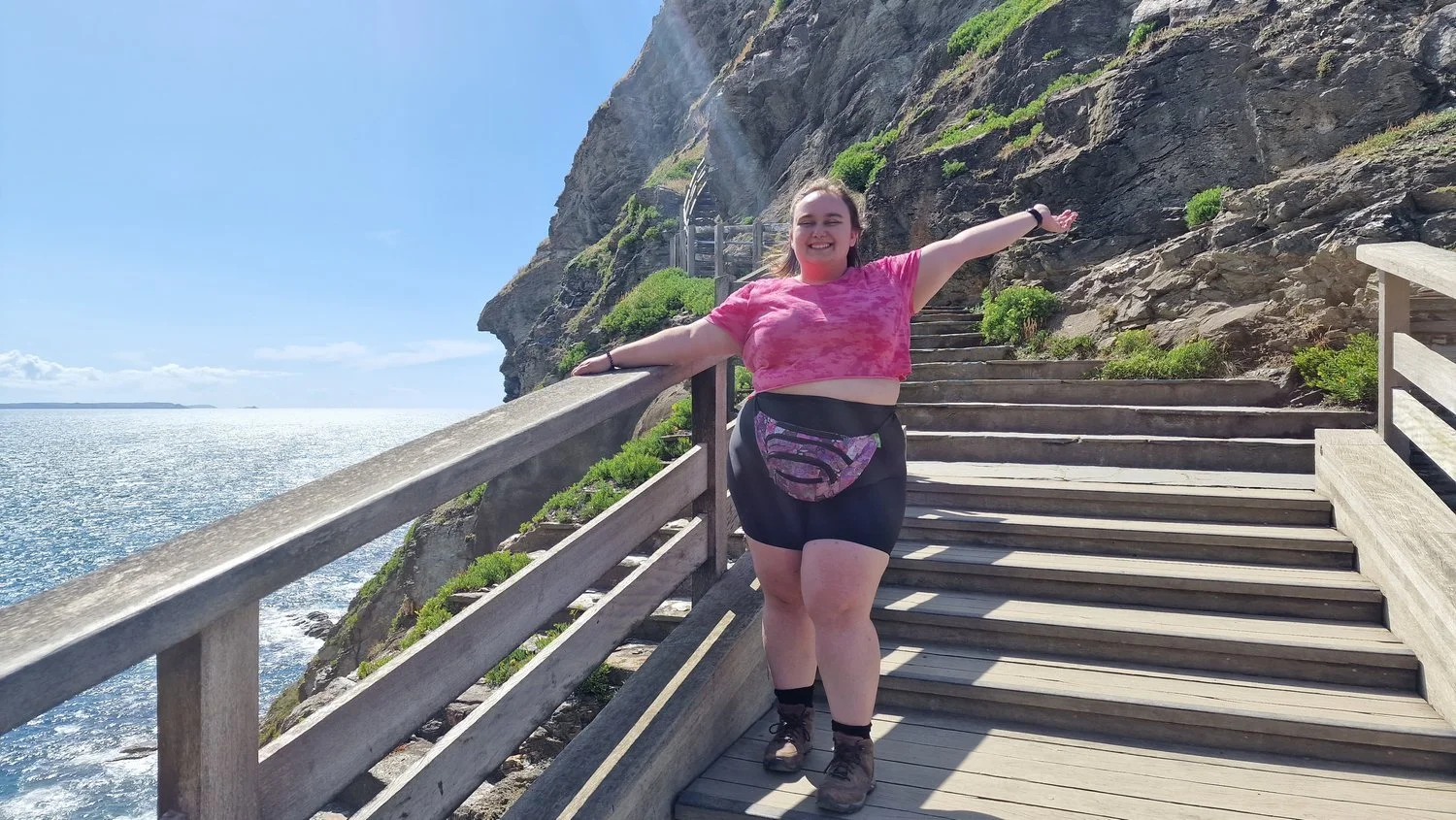 Emily Stangroom walking at Tintagel Castle