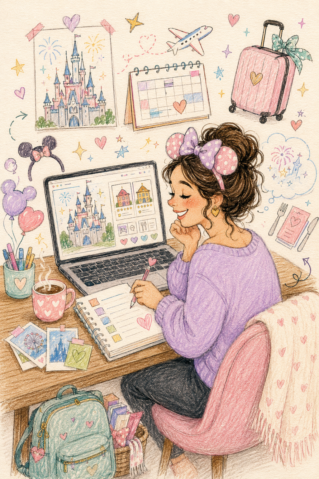 Cute drawing of someone planning their Disney holiday