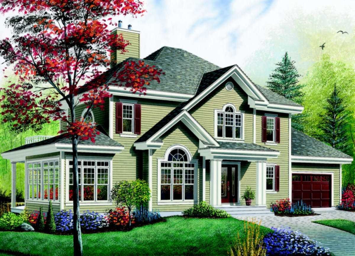Colorful illustration of a two-story house with green siding, white trim, a gray roof, and a front porch, surrounded by trees and landscaped garden.
