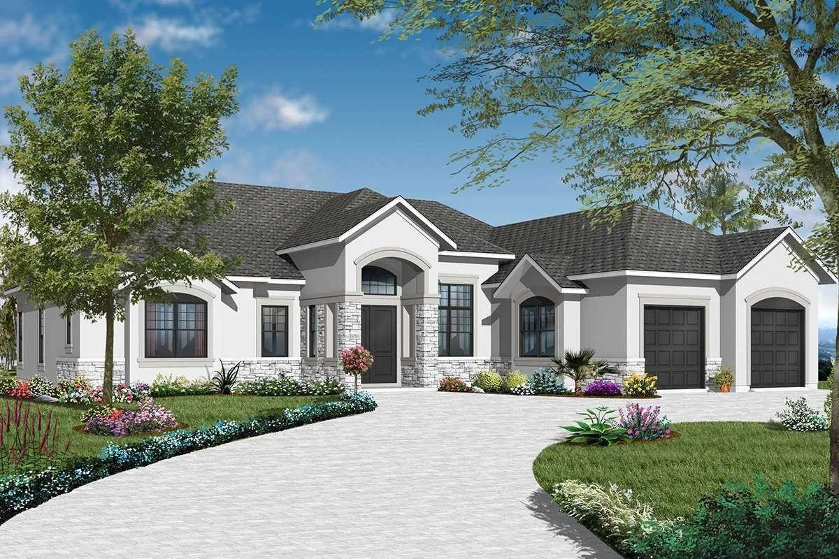 A modern suburban house with a landscaped front yard, pathway, and two garage doors under a blue sky with trees.
