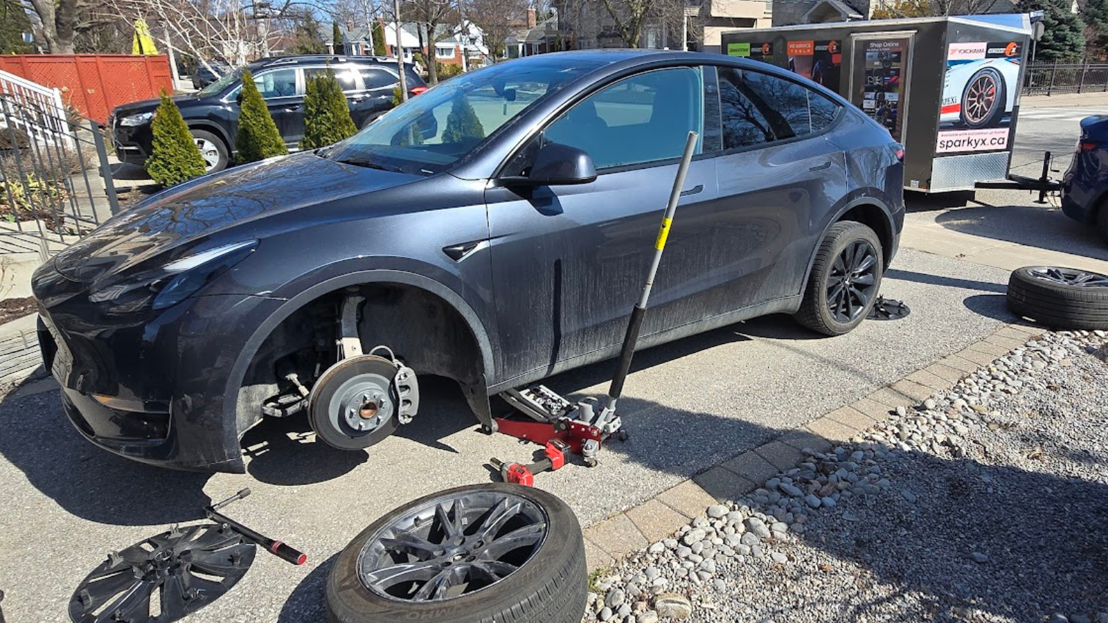 Switching from winter to summer wheels for a Tesla Model Y in the Greater Toronto Area.