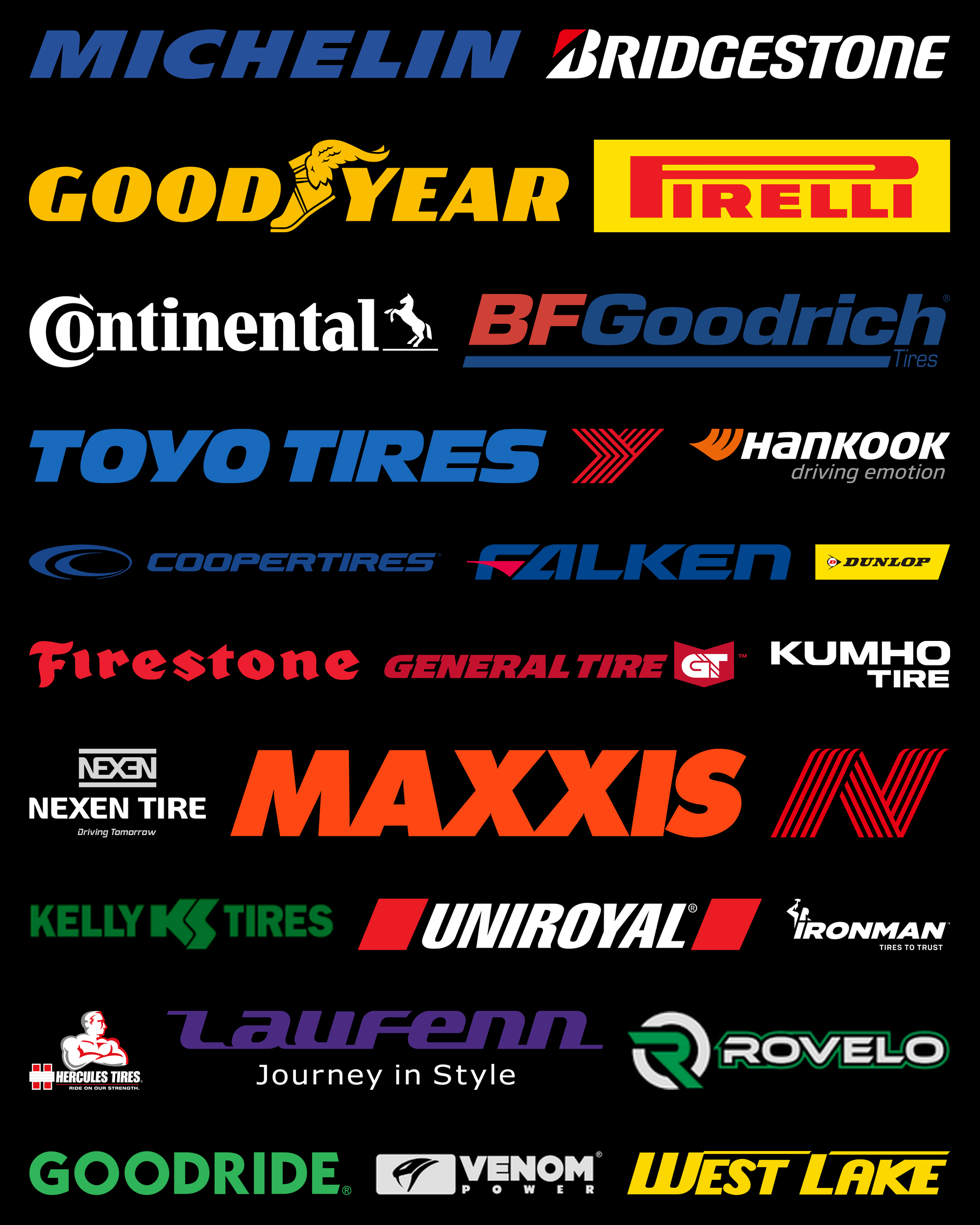 Tire brands sold and installed by Sparky X: Michelin, Bridgestone, Goodyear, Pirelli, Continental, BFGoodrich, Toyo, Yokohama, Hankook etc