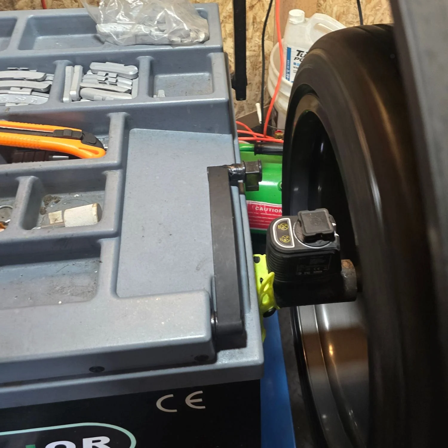 A wheel spinning on our balancer, in the process of being rebalanced after customer complained about vibrations. Location: Pickering, Ontario.