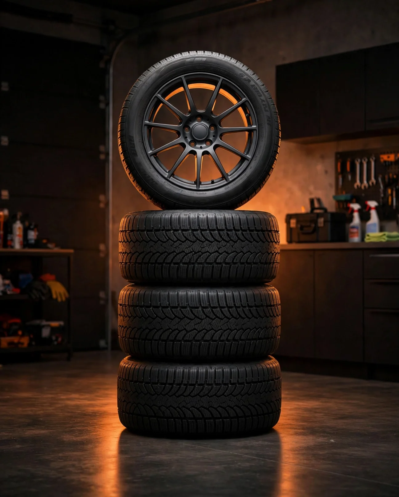 A seto of winter tires stacked in a garage, on the floor.