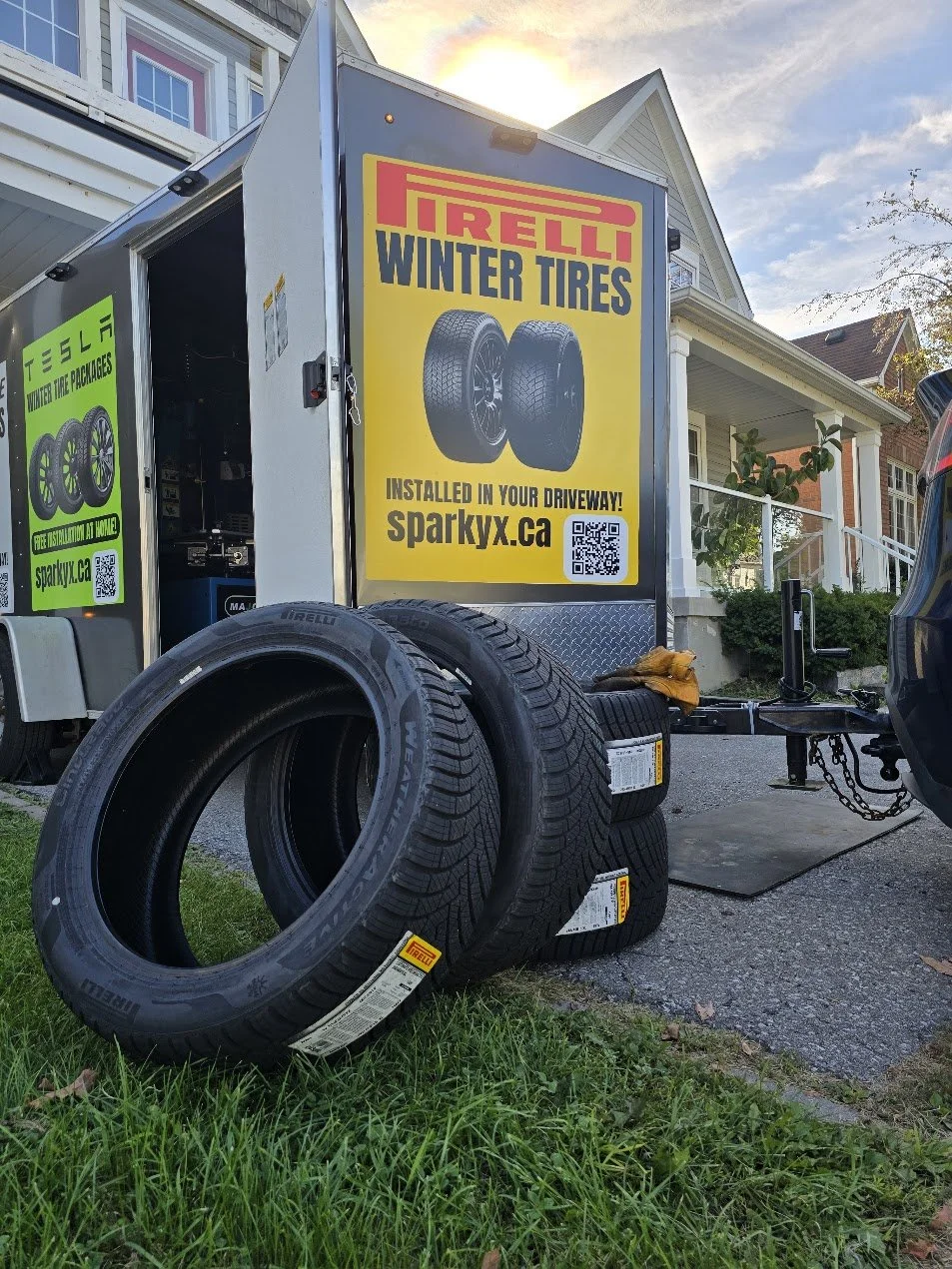 A set of all weather tires (Pirelli WeatherActive) near our service trailer in the GTA.