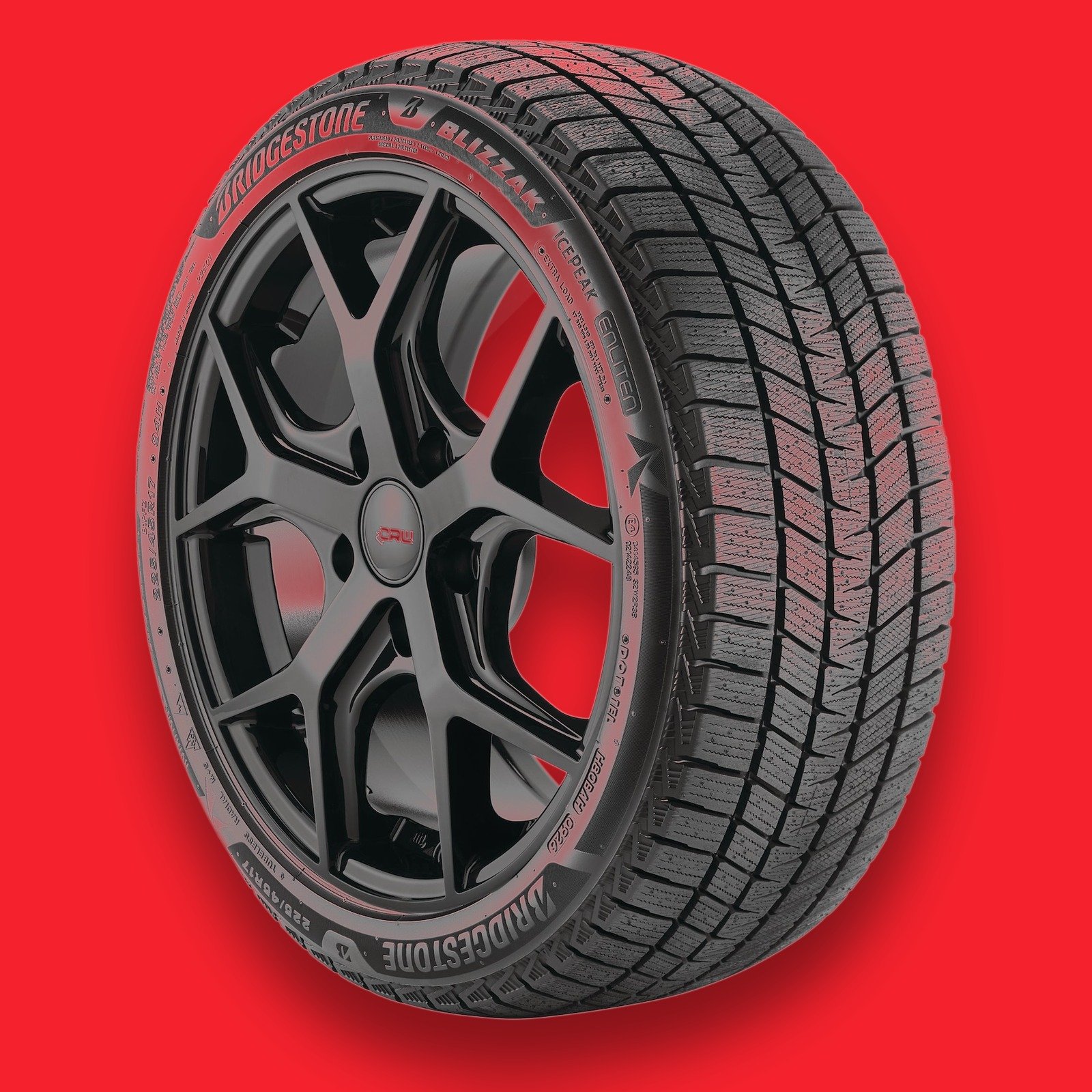 Bridgestone Blizzak IcePeak winter tire on a red background