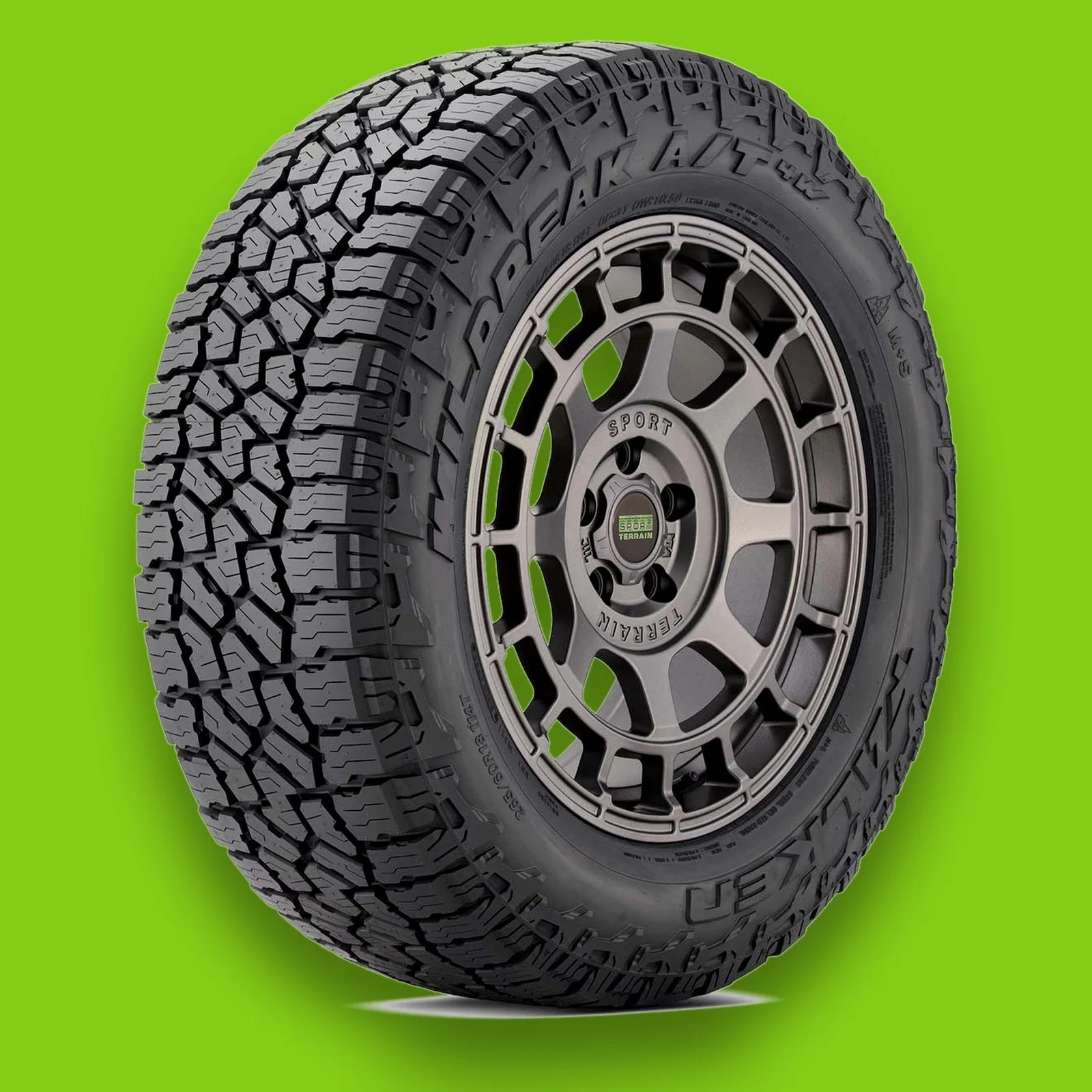 Falken Wildpeak A/T4W all-terrain tire on a lime green background
