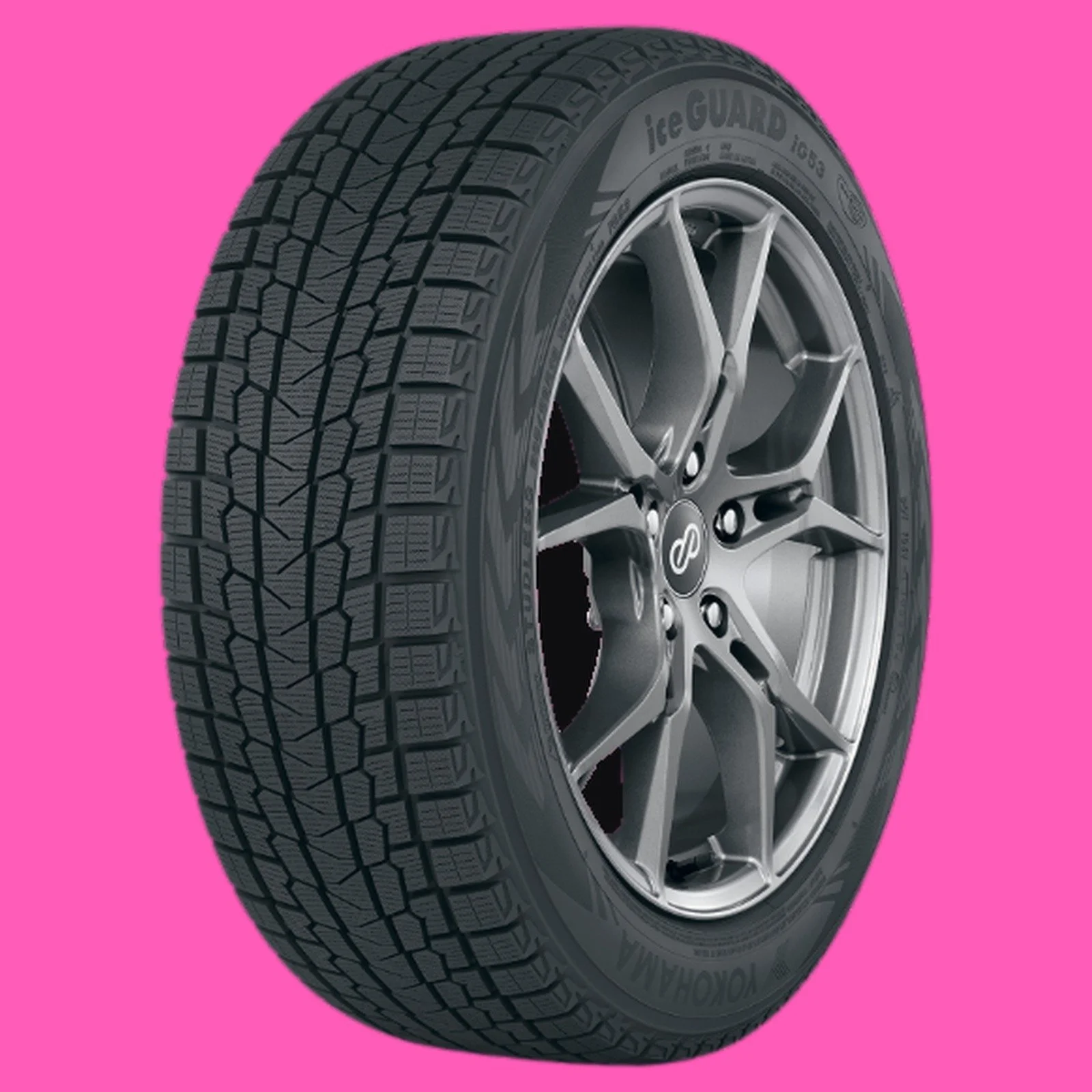 Yokohama iceGUARD iG53 winter tire on a strident pink background