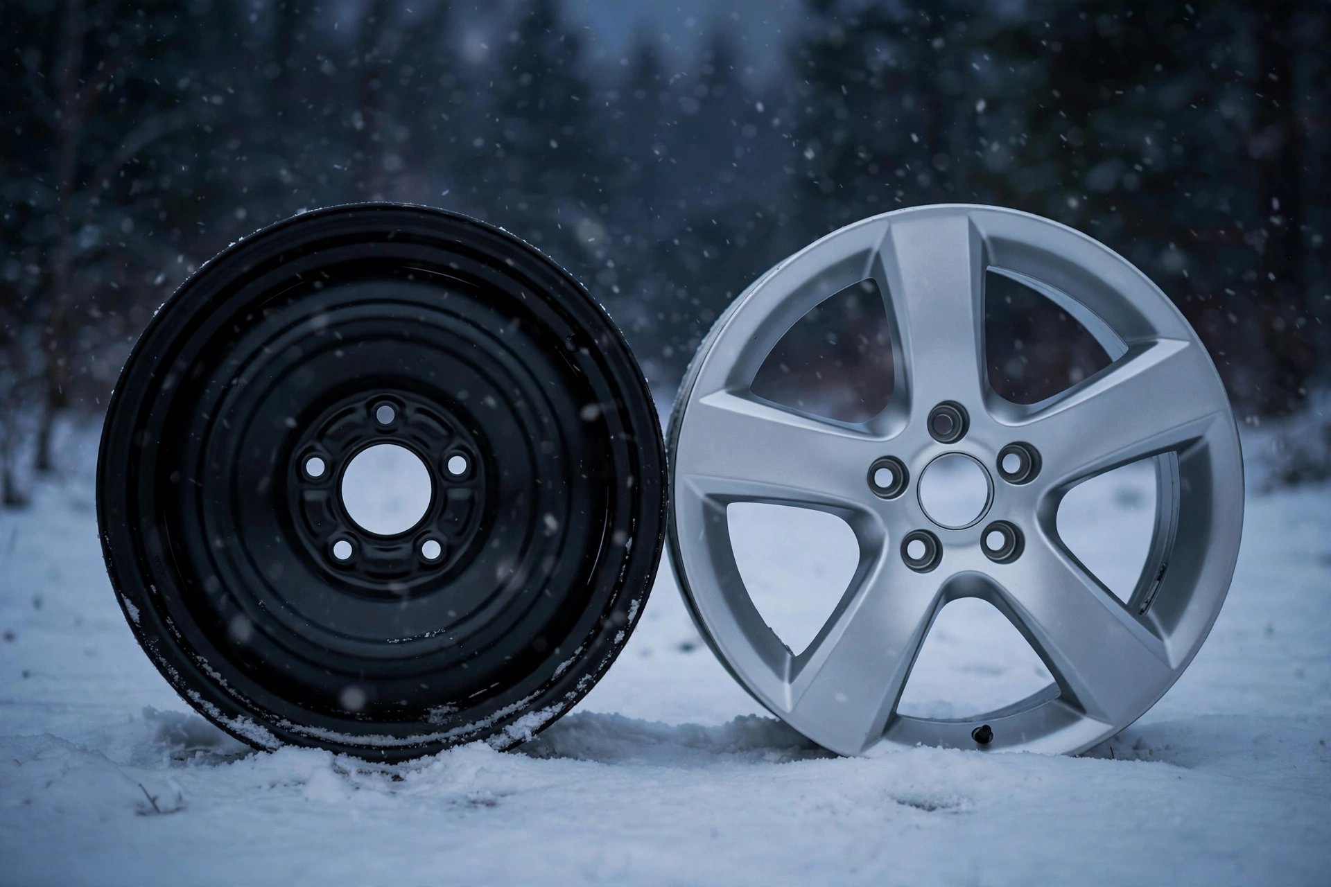 Black steel winter wheel beside a silver five-spoke alloy wheel standing in fresh snow, comparing steel versus alloy rim options for winter tires.