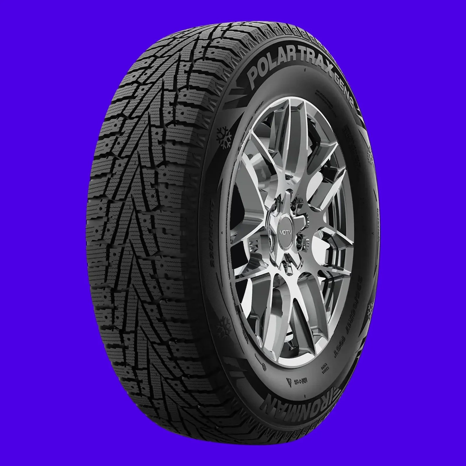 Ironman Polar Trax Gen2 winter tire on an electric indigo background