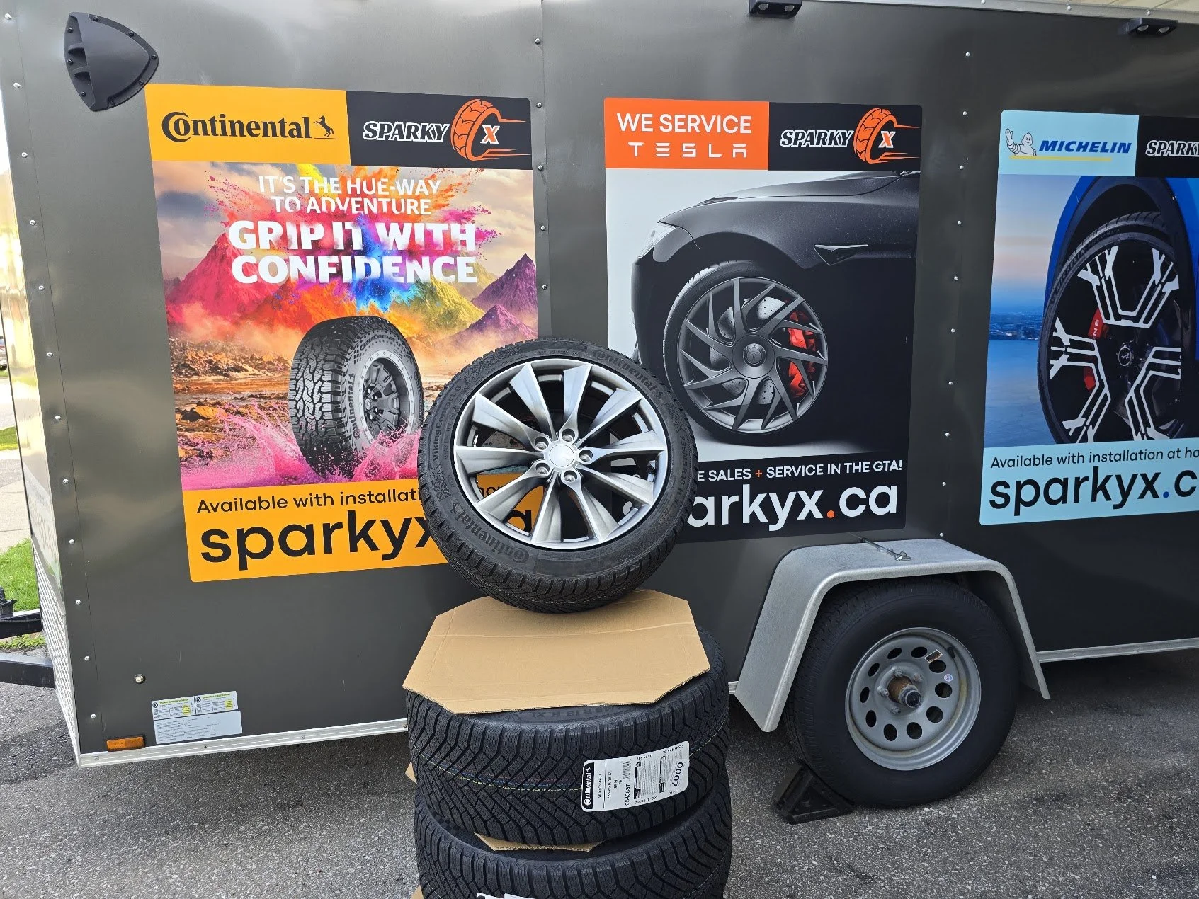 A set of Tesla Model 3 Winter Tire Package assembled by Sparky X, ready for delivery and free installation in customer's driveway in the GTA.