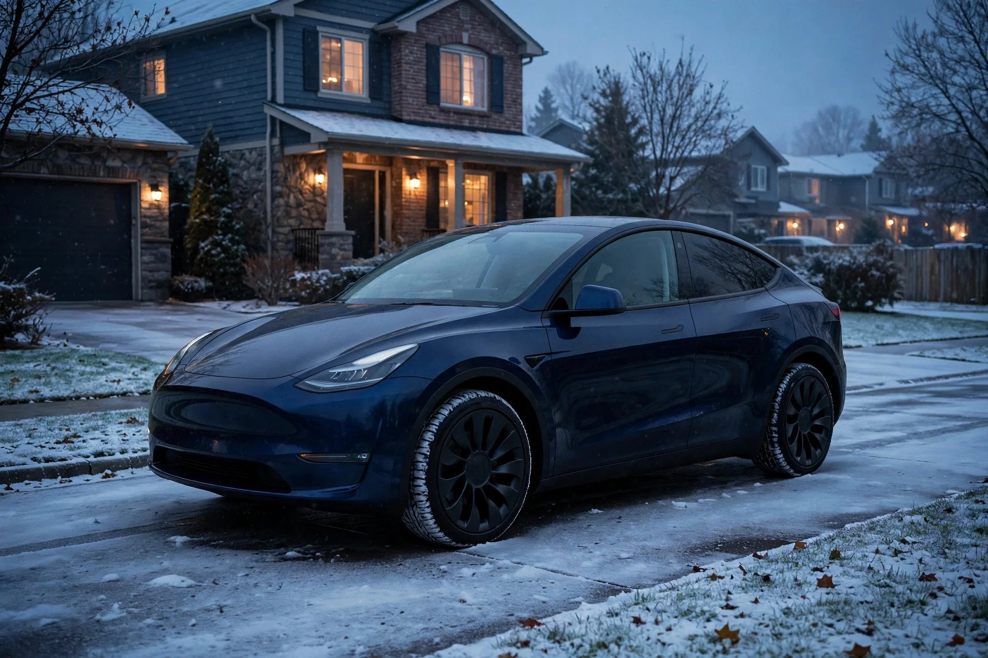 Tesla Model Y with winter tires parked in a snowy GTA driveway at dawn — beat the October rush with a Sparky X winter tire package