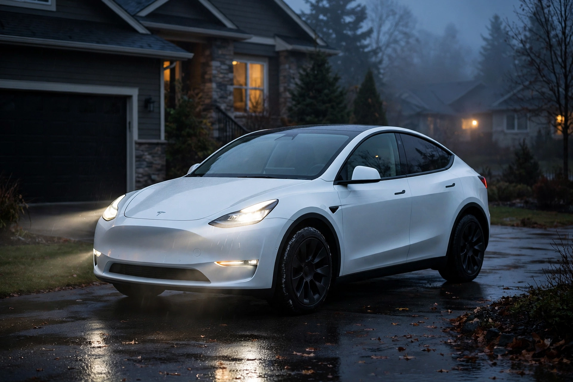White Tesla Model Y with winter wheels parked in a residential driveway at dusk — Sparky X Mobile Tire Shop Tesla winter package install, GTA