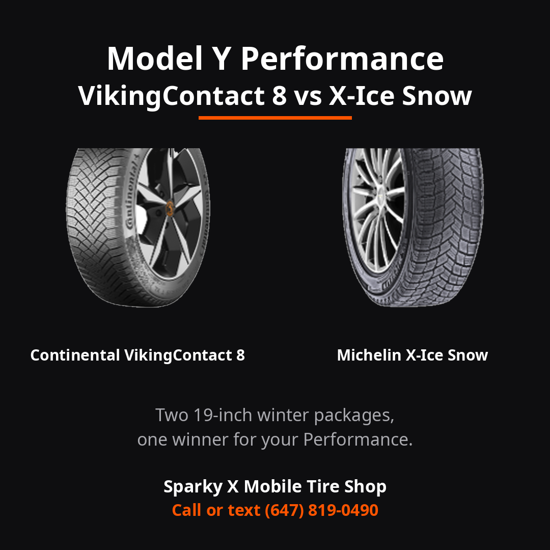 Continental VikingContact 8 vs Michelin X-Ice Snow winter tires for Tesla Model Y Performance — two 19-inch winter packages from Sparky X.
