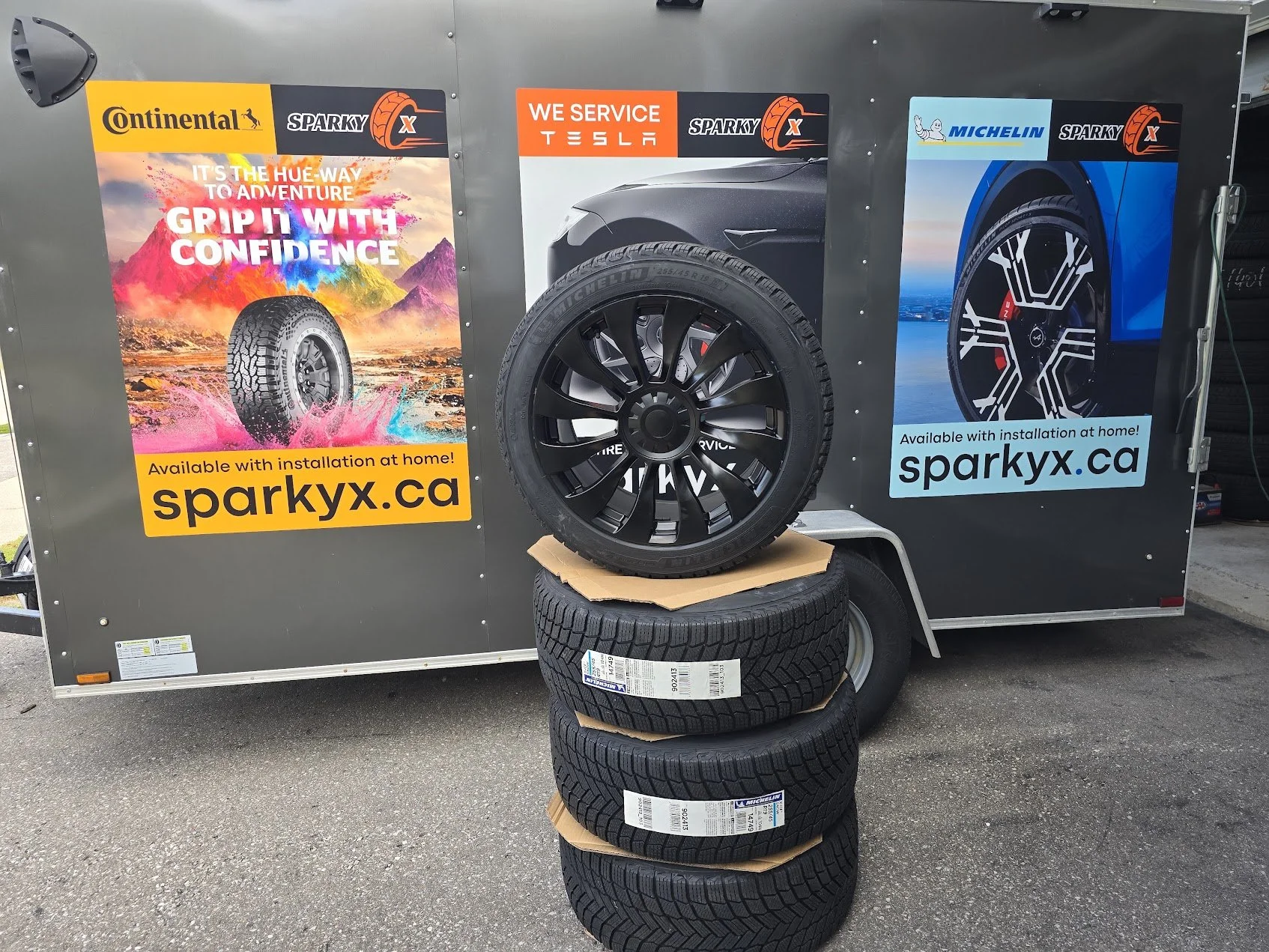 Tesla Model Y winter tire package ready for delivery and free installation in customer's driveway, at home, in the GTA.