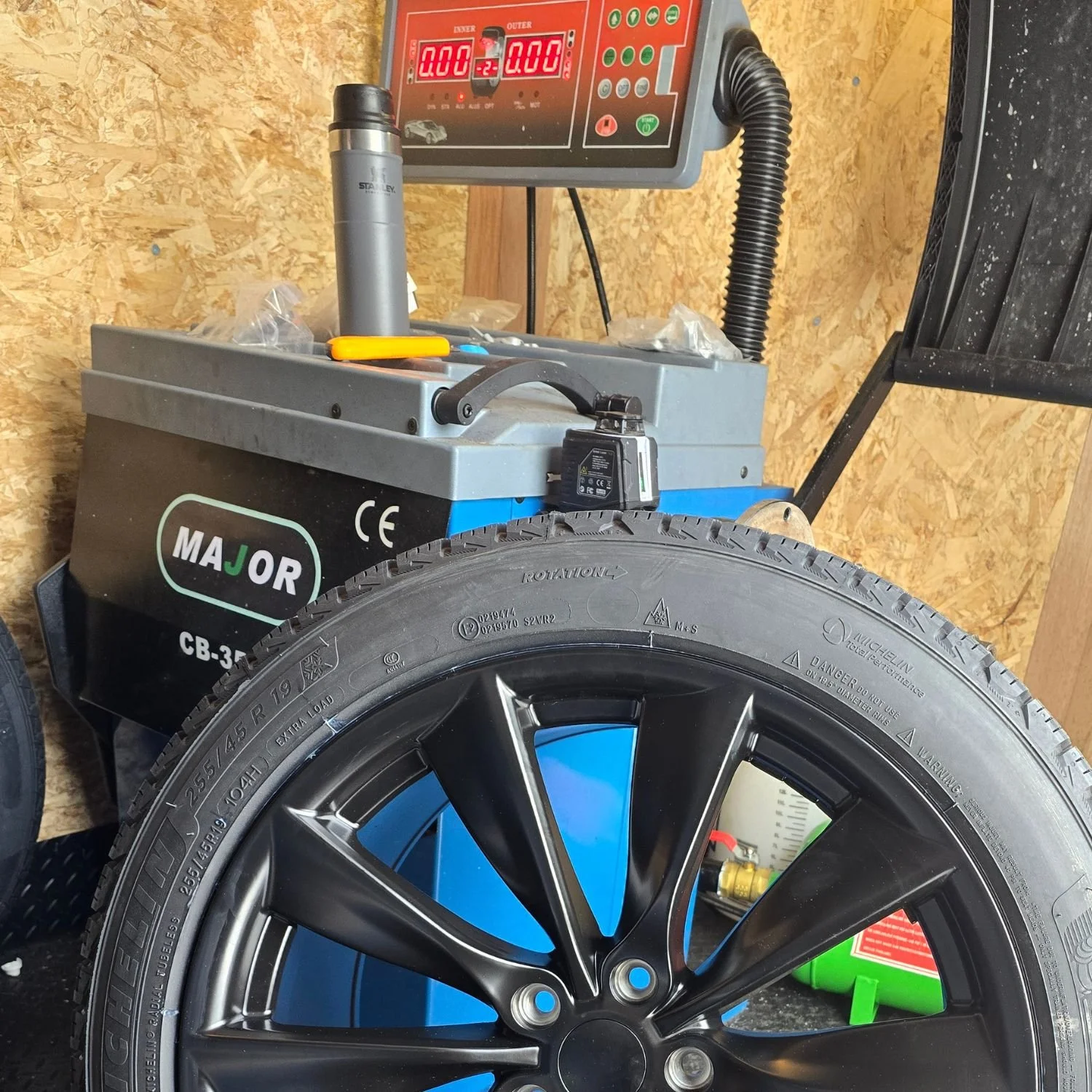 A perfectly balanced wheel near our wheel balancer after re-balancing was performed, at a customer's house in Markham, Ontario.