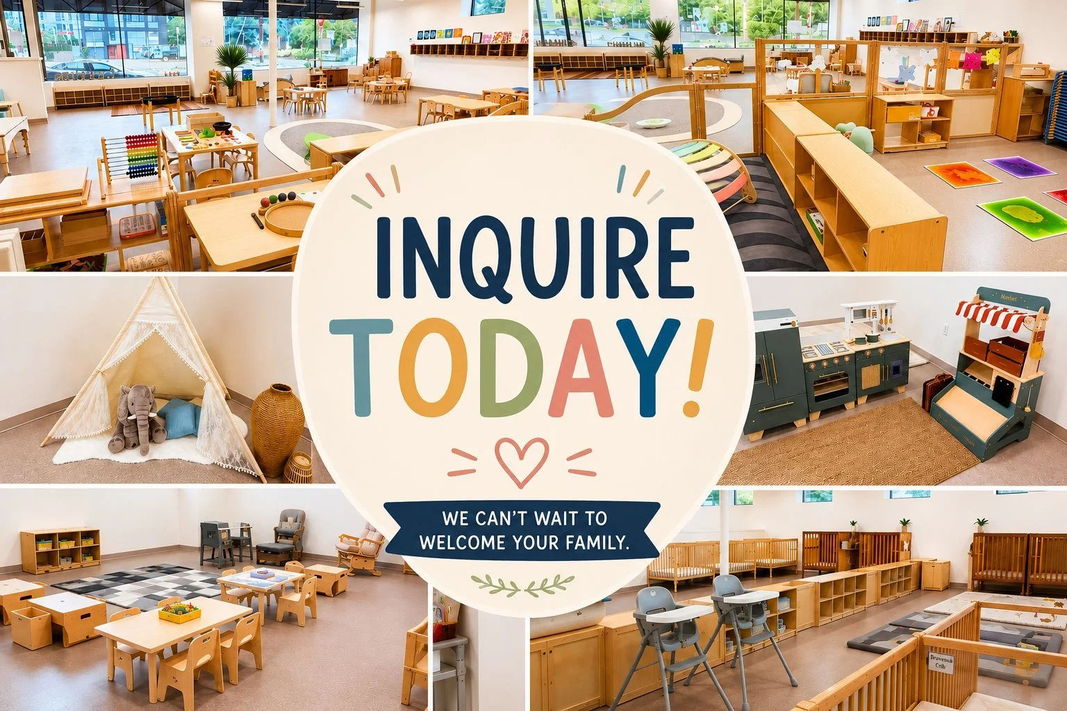 Cherubs classroom collage with child-sized tables, play areas, and learning materials. Inquire today.