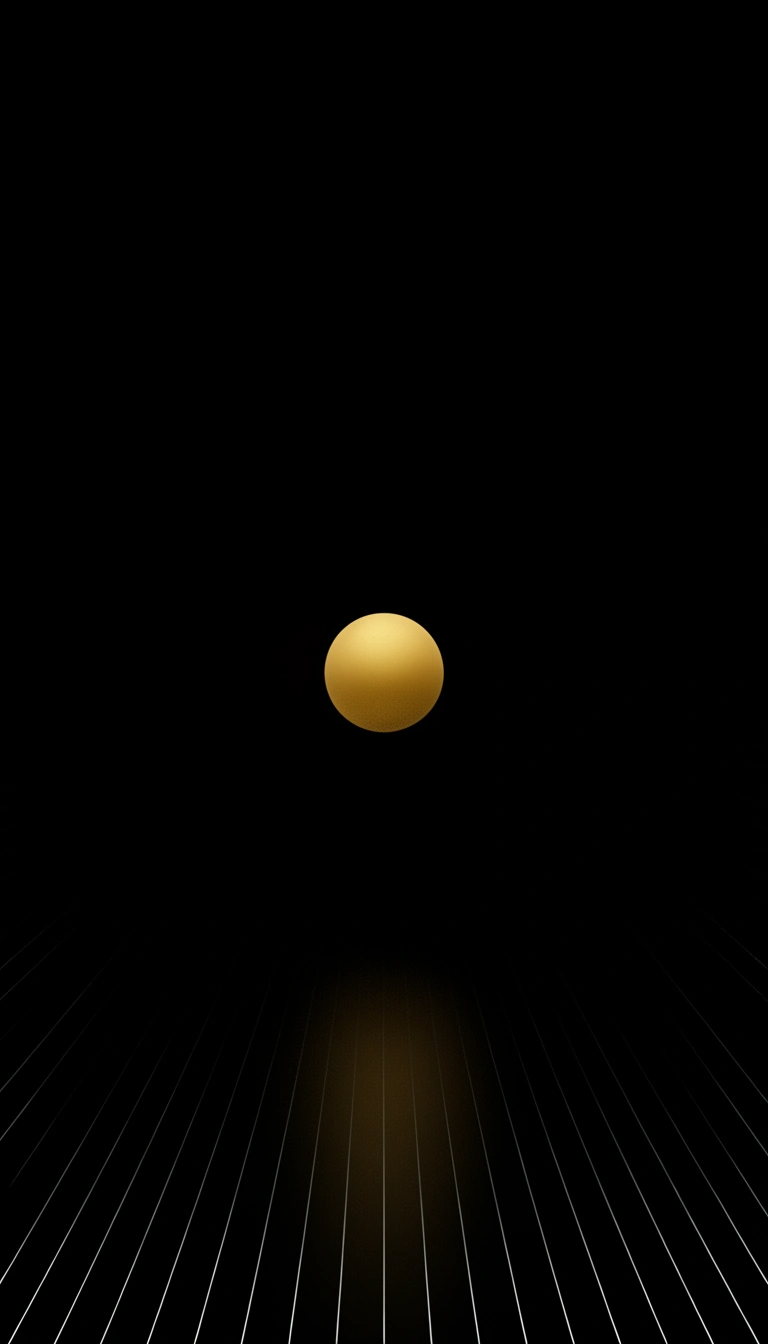 A yellow spherical object on a reflective black surface with white grid lines, against a black background.