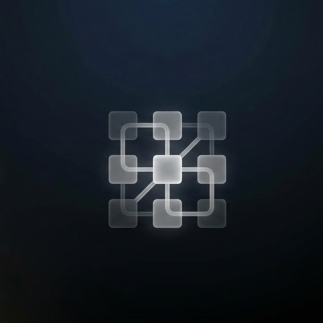 A digital network icon with interconnected squares and lines on a dark background.