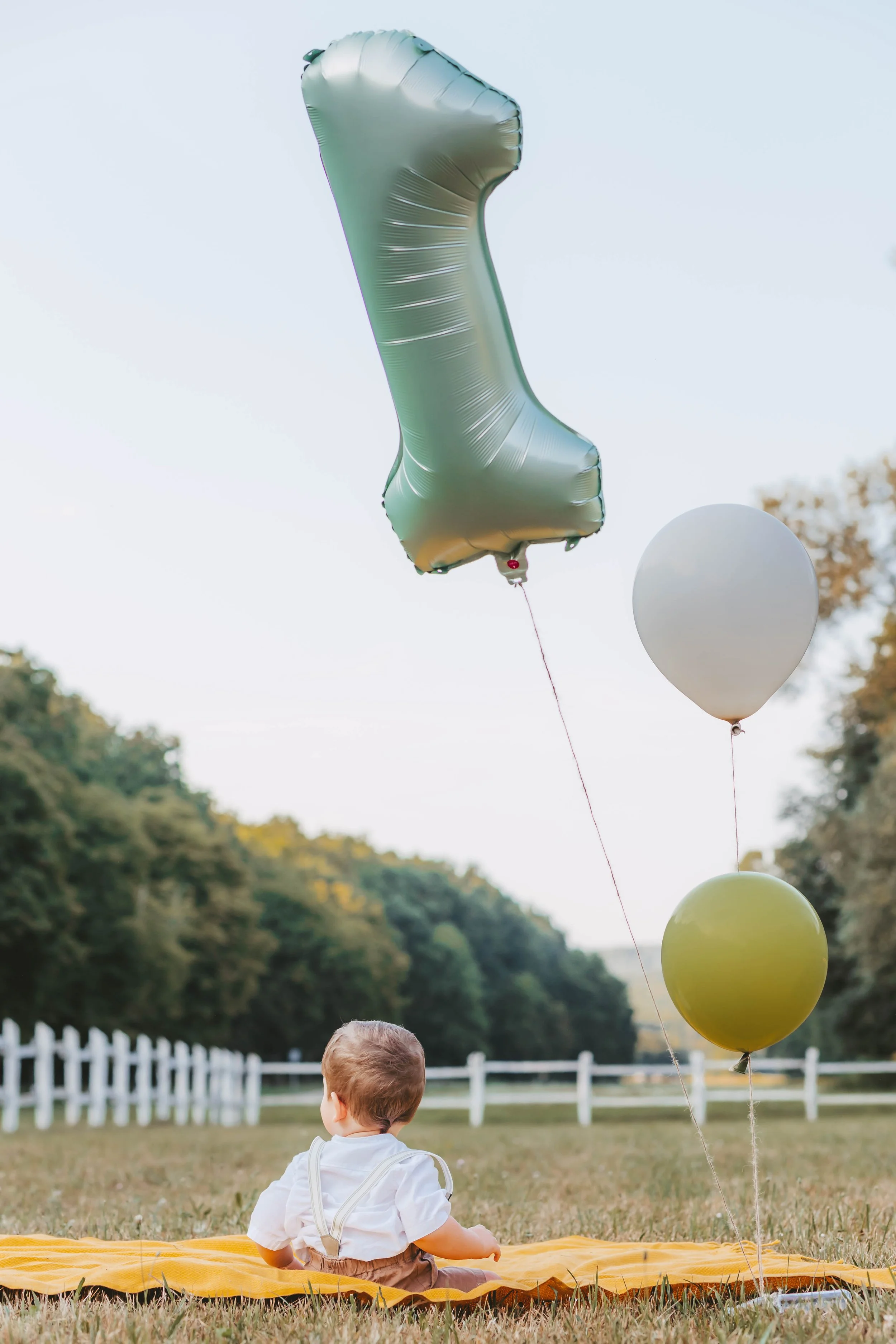A young child with light brown hair, sitting on a yellow blanket in an outdoor setting with grass and a white fence, looking up at helium balloons, including a large silver number one balloon and two round balloons, one white and one yellow.