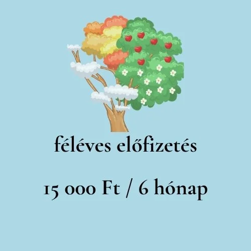 An illustration of a tree with colorful leaves and fruits, with Hungarian text about a subscription offer for 15,000 Hungarian forints every six months.