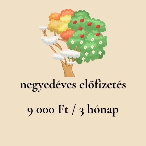 Illustration of a tree with colorful leaves, clouds, and fruit, along with Hungarian text that translates to quarterly subscription for 9,000 Hungarian forints for three months.