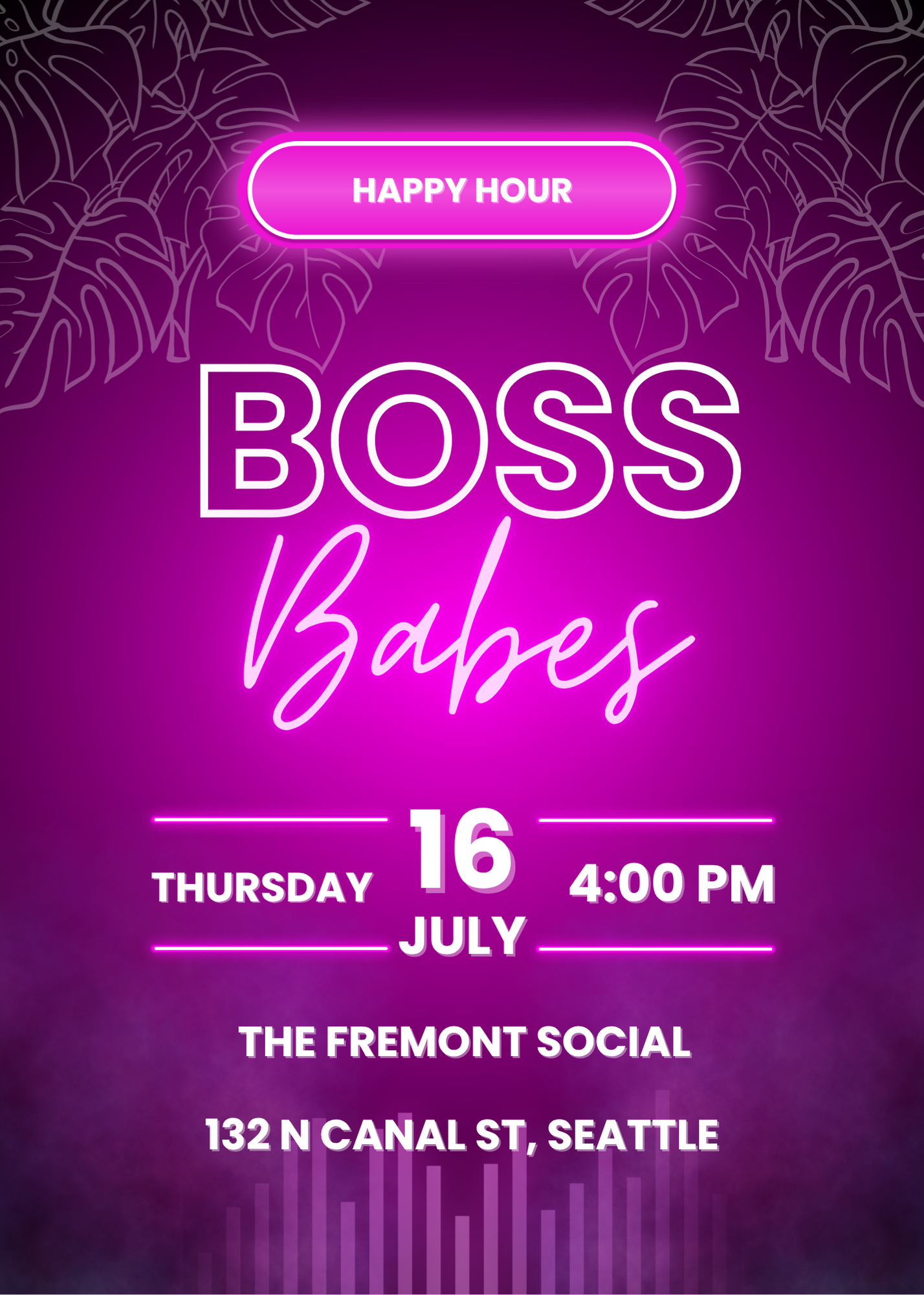 Promotional poster with neon-style text and designs for a 'Boss Bajes' event. The poster features a purple background with outline of leaves in the background, and text in bright pink and white, including details about the event date, time, location, and a 'Happy Hour' label.