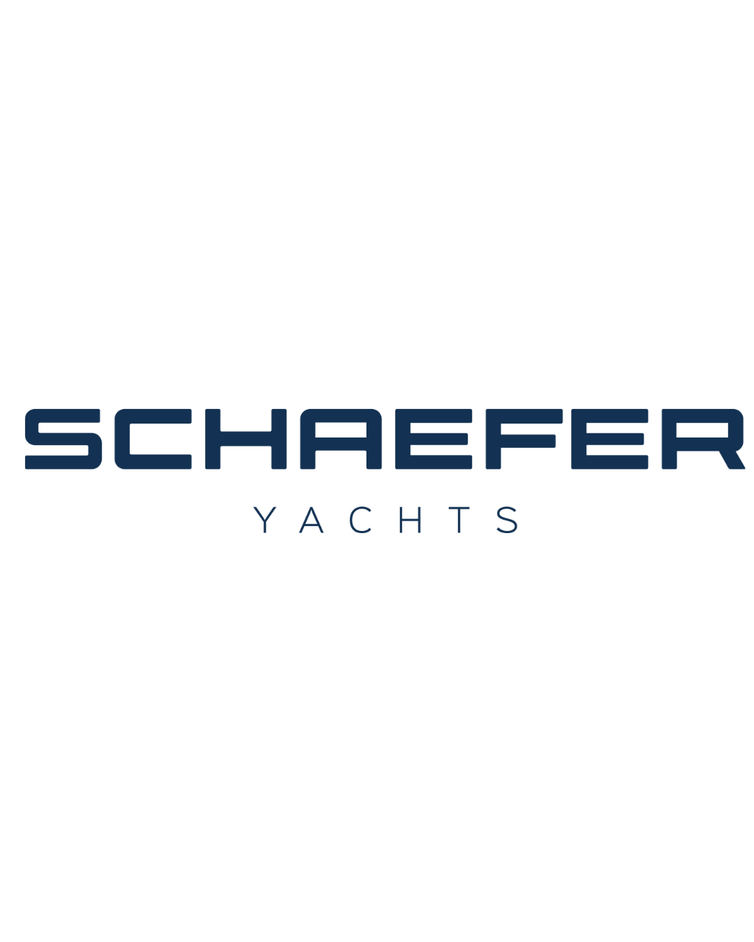 Logo for Schaefer Yachts featuring a stylized yacht above the company name in blue, on a black background.