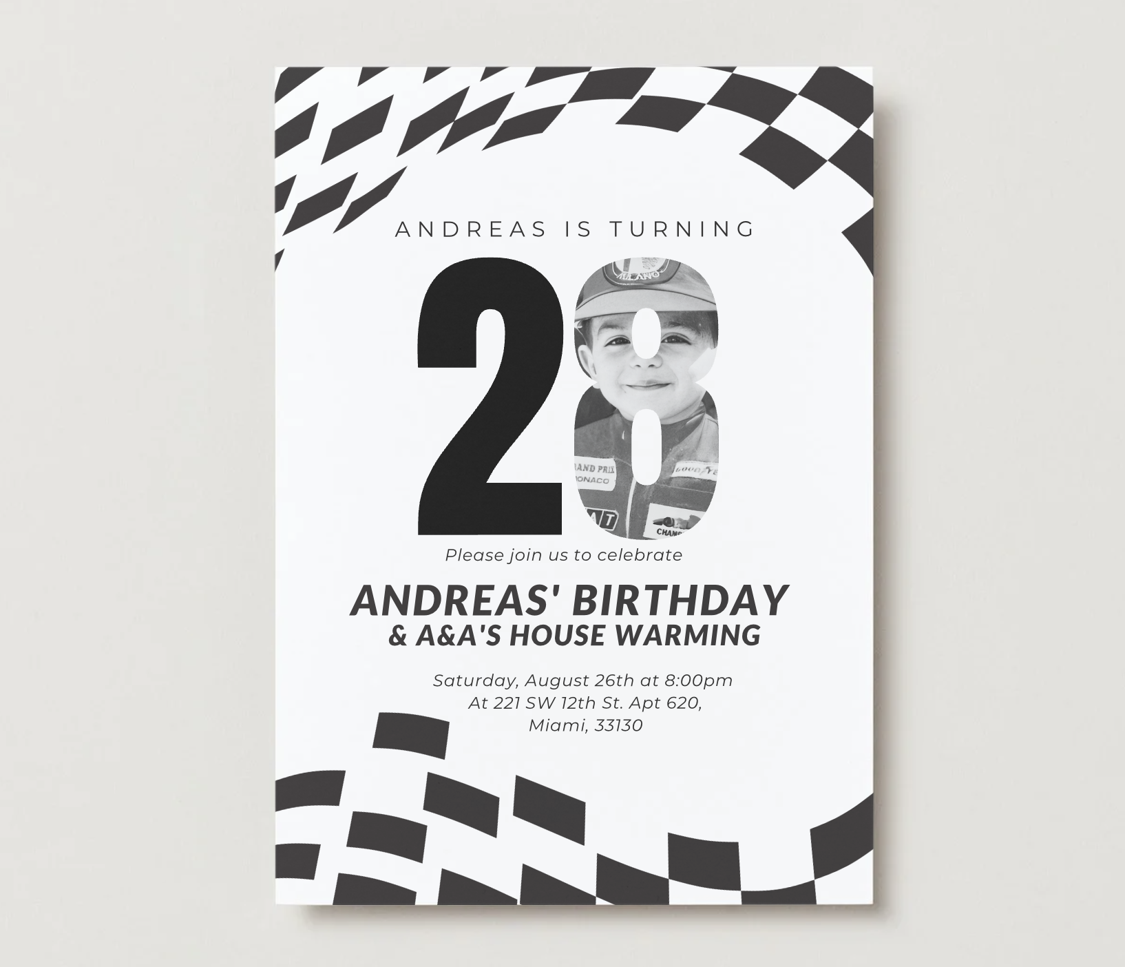 Invitation card for Andreas' 28th birthday and housewarming party, featuring black and white checkered pattern and party details.