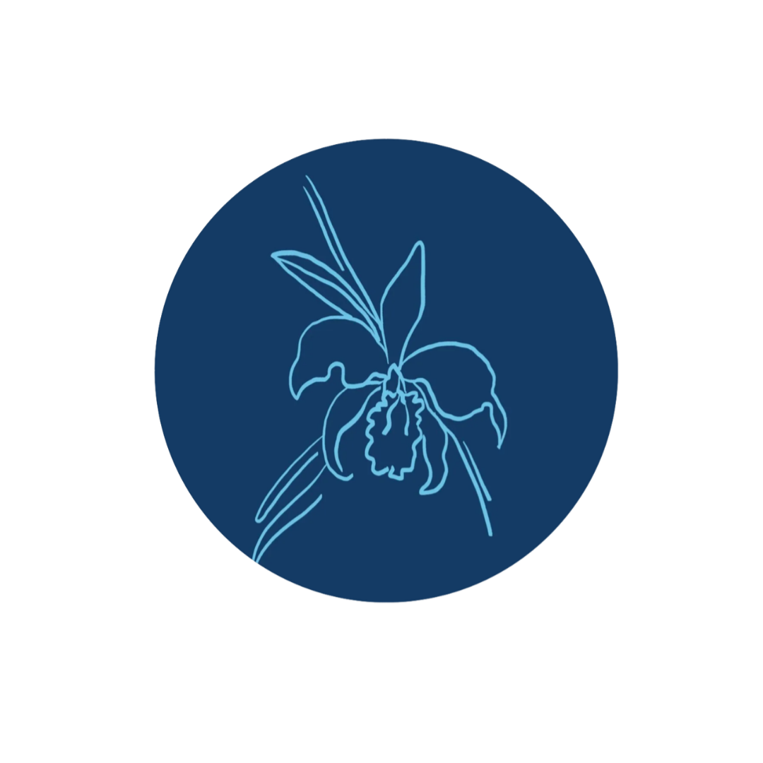 A logo with a dark blue circular background featuring a minimalist, light blue line drawing of an orchid flower.