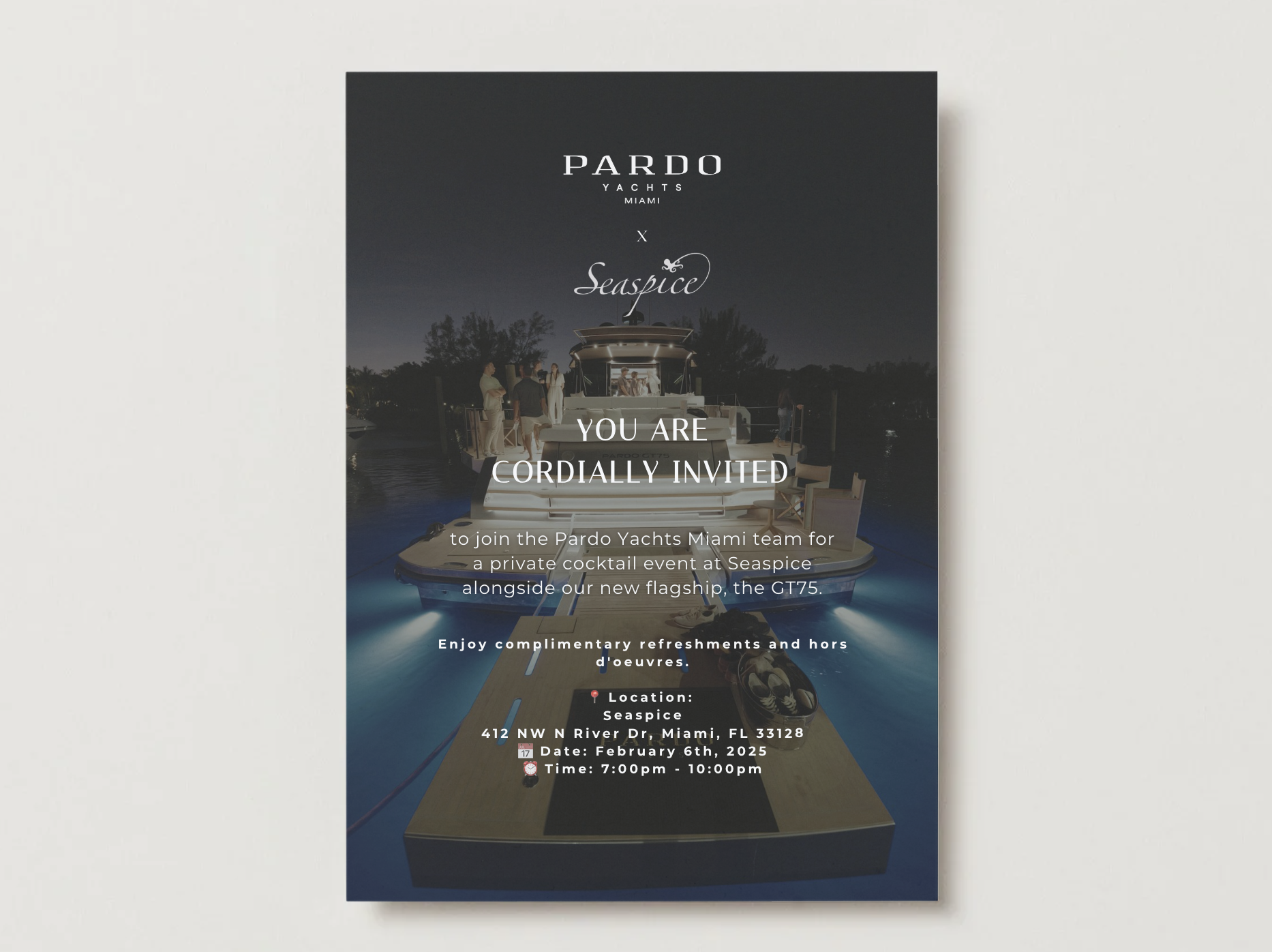 Invitation card for Pardo Yachts Miami event at Seaspice, featuring an elegant yacht with people onboard at night.