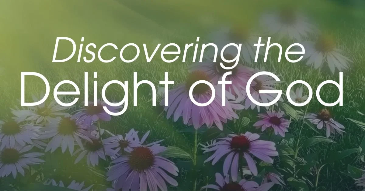 Text overlay on a background of pink and purple flowers in a green field reads 'Discovering the Delight of God'.