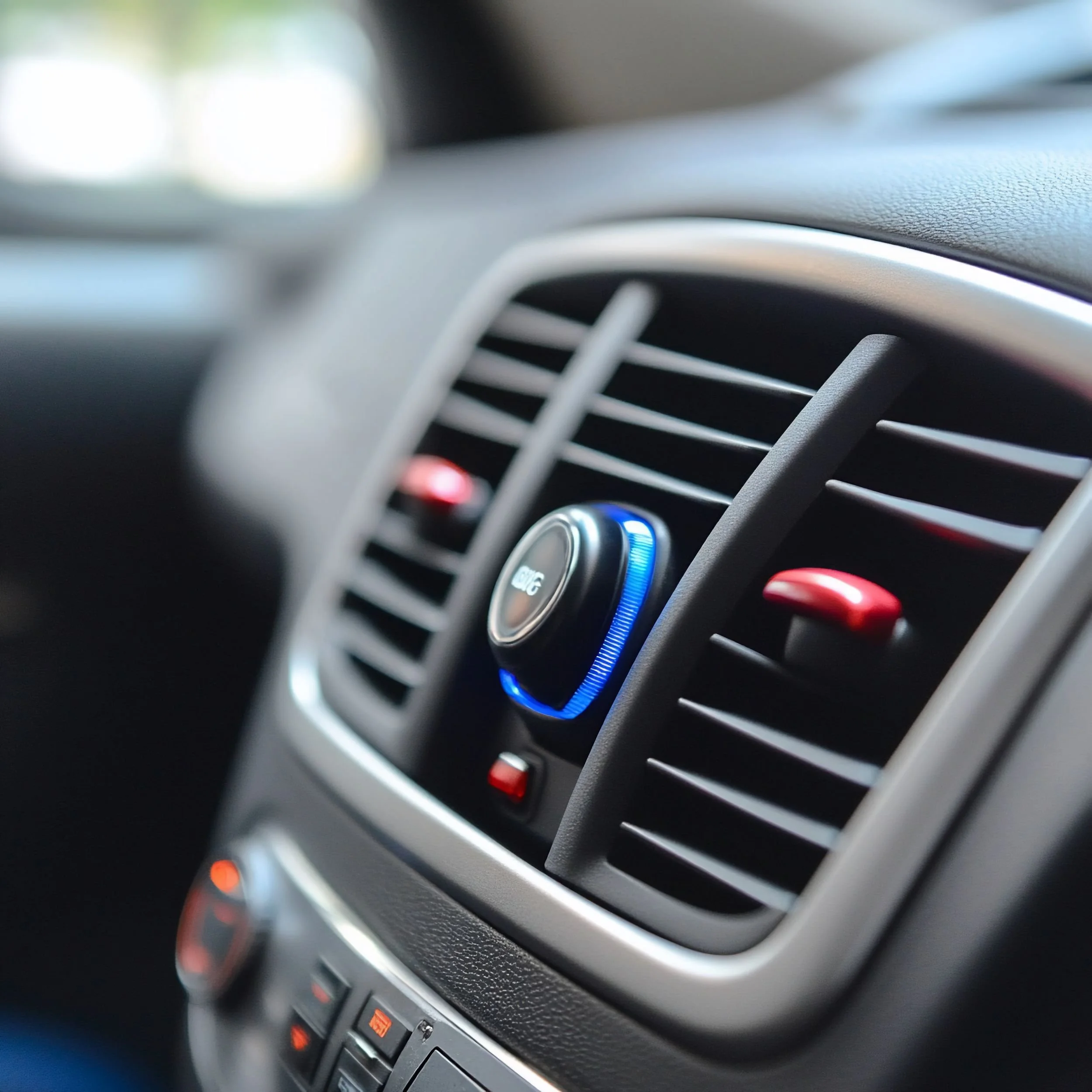 Close-up of a car's dashboard air vent with a blue illuminated control knob and red and black buttons.