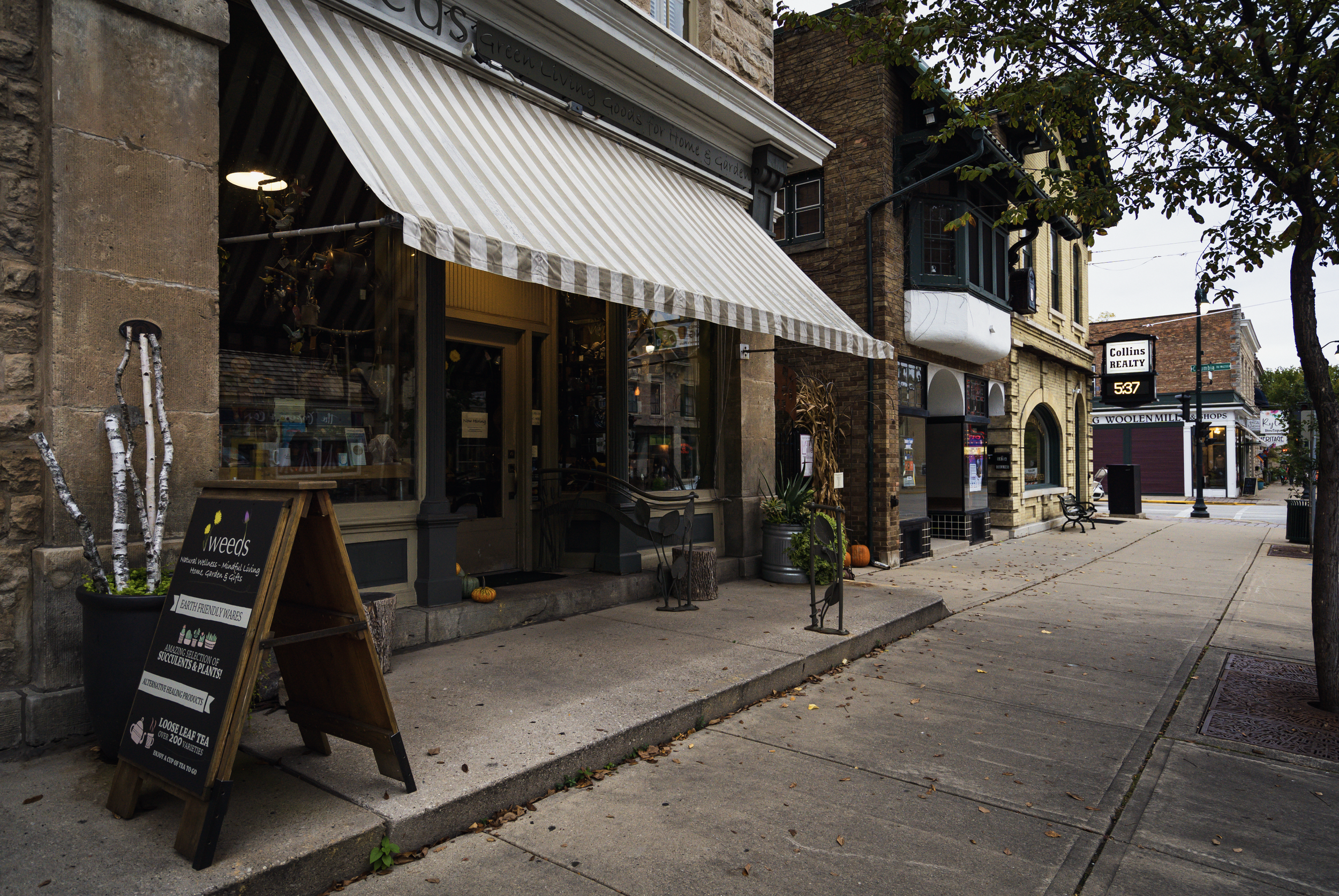 A brick storefront with a striped awning and a sidewalk sign advertising earth-friendly home and garden products, with pumpkins and decorative items outside.