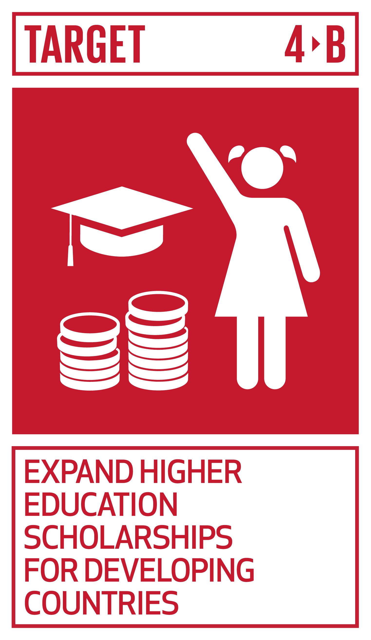 Target sign with icon of a girl raising her hand, a graduation cap, and stacks of coins. Text reads 'Expand Higher Education Scholarships for Developing Countries'.