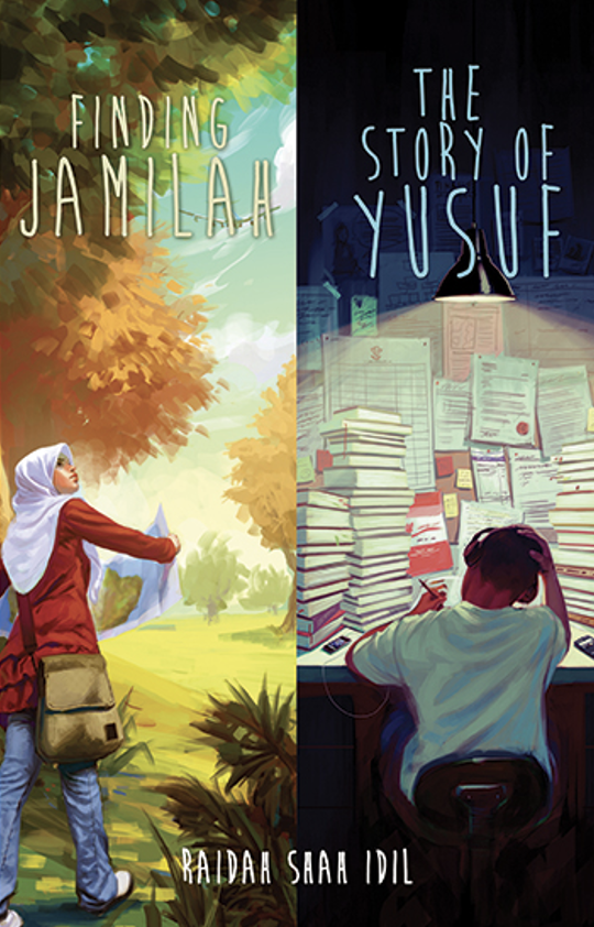 Book cover featuring two contrasting scenes divided vertically. The left side depicts a woman with a hijab holding a paper outdoors among trees with green and orange leaves, titled 'Finding Jamilah.' The right side shows a person working at a cluttered desk full of books and papers in a dimly lit room, titled 'The Story of Yusufe.'