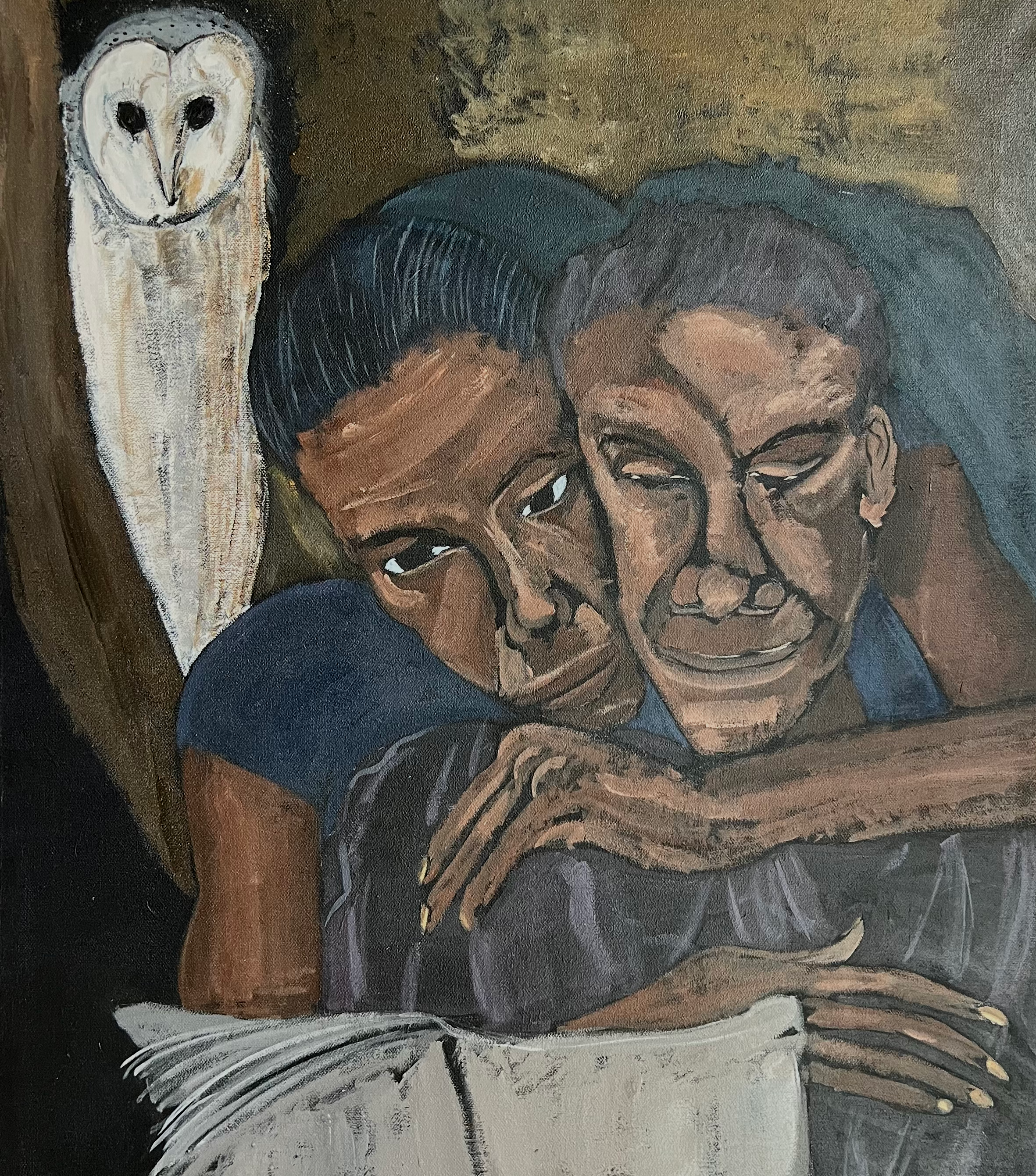 'Woman with partner reading', 2025, acrylic on canvas, 60 x 70 cm.