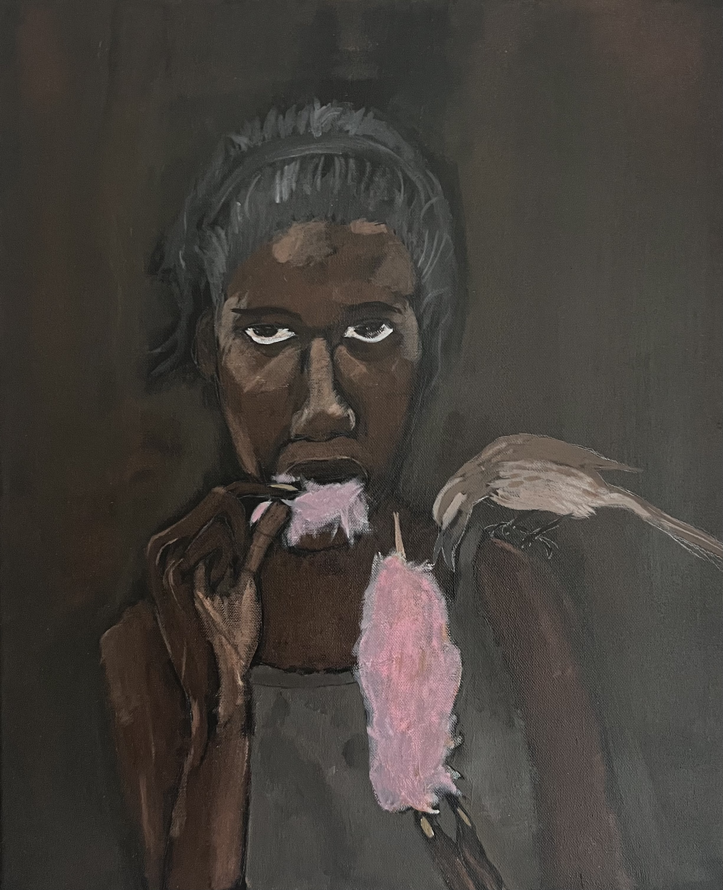 'Eileen and companion after a day of work', 2025, acrylic on canvas, 60 x 50 cm. 
