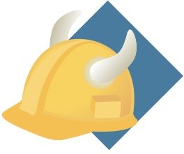 Yellow hard hat with horns on a blue diamond background.