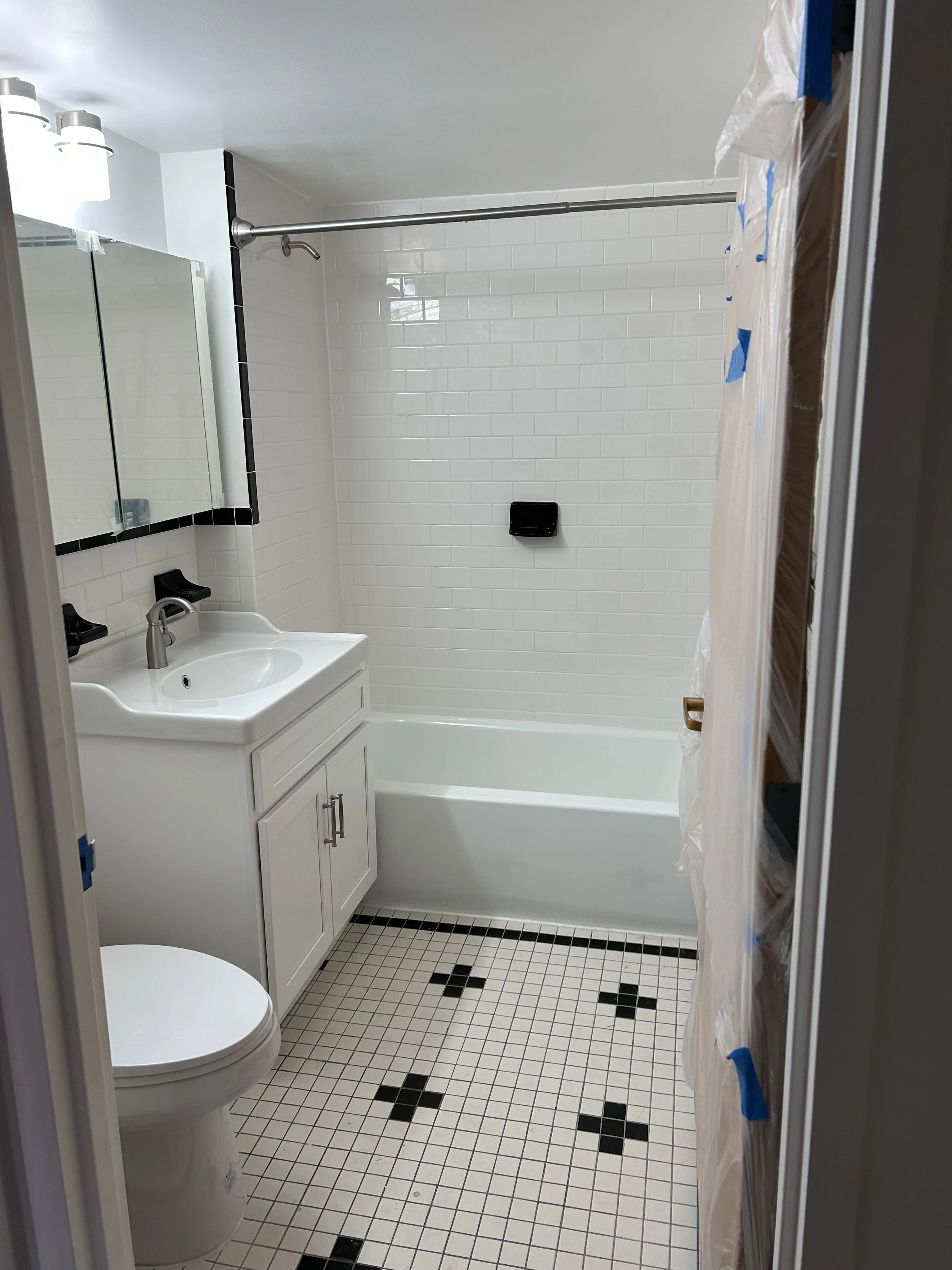 Replace toilet, vanity, and tub. Close match tile only. No plumbing. 