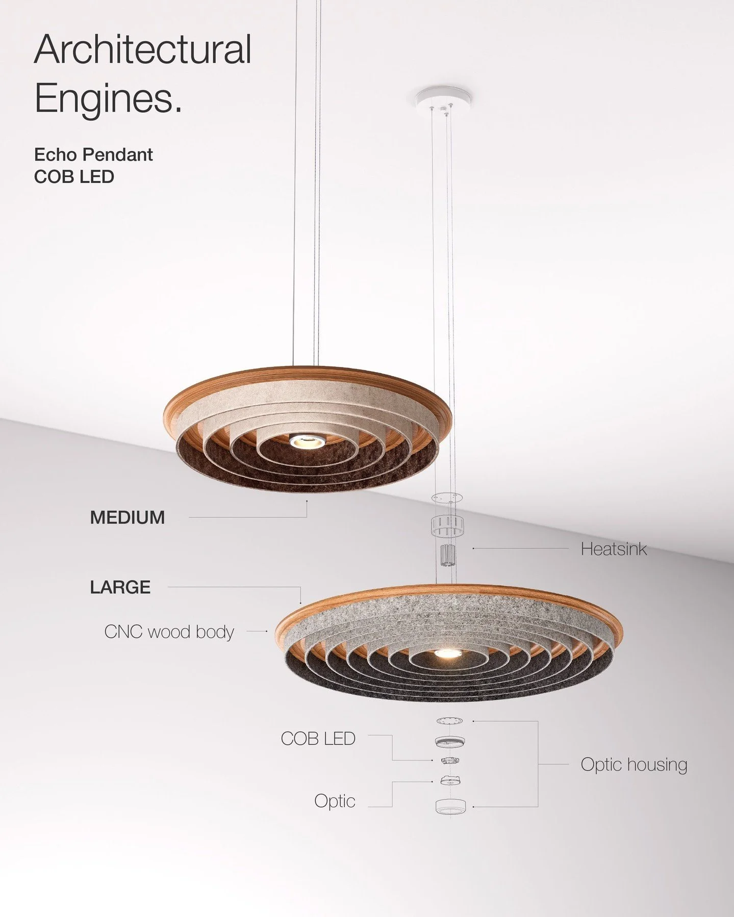aaline introduces our COB LED Echo Pendant, a new arrival to our Architectural Collection. Equipped with a chip-on-board LED, you can specify lumen output, colour temperature, and dimming - offering you more control than the Echo Pendant's Designer c